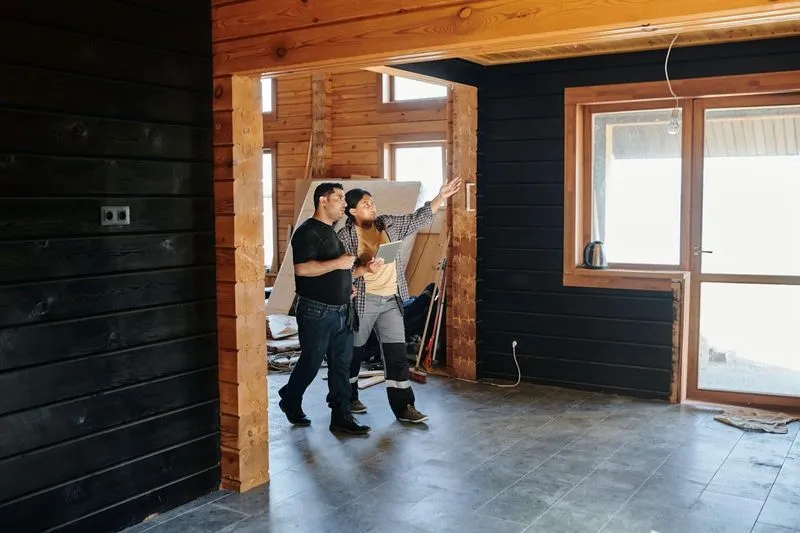 Two electricians inspect work inside a building.