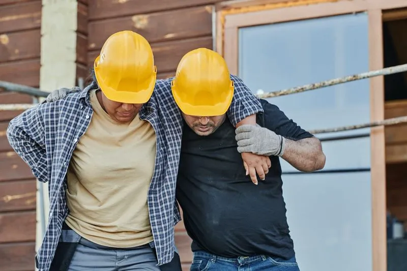 A construction worker helps an injured coworker.